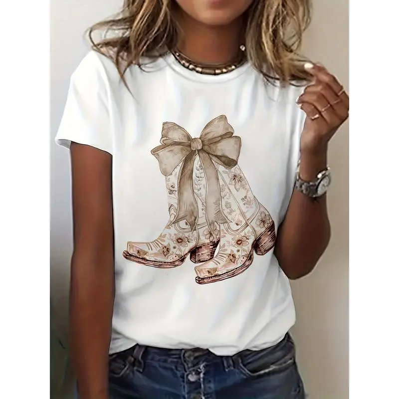 Women's Cotton Comfortable Short Sleeve Crew Neck Cowgirl T-Shirt - Vintage Twist, Printed Chinoiserie Floral Boot & Geometric Design, Soft Casual Clothes Apparel for Valentine's Day, Valentines Day, All Seasons