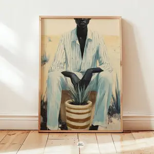 Black African Man Wall Art – Modern Poster, Trendy Striped Portrait Print, Contemporary Black Male Room Decor, Unframed