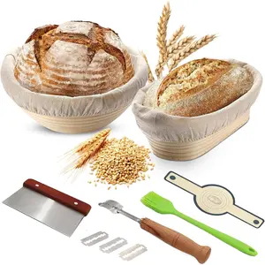 Sourdough Starter Kit 9" Round & 10" Oval Banneton Bread Proofing Baskets with Dough Whisk, Lame, Scraper & Starter Jar Beginner Friendly Bread Baking Supplies for Dutch Oven, Gluten Free Baking