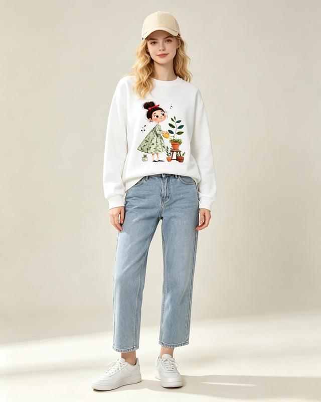 Women's Comfortable Cotton Graphic Print Gardening Girl Crewneck Sweatshirt - Fitted Casual Fall Pullover Top for Pairing with Jeans, Leggings