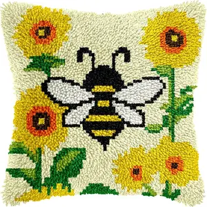 Bee & Sunflower Latch Hook Pillow Kits for Adults Beginners DIY Throw Pillowcase Kit with Soft Backing Pre-Printed Mesh Rug Making Kits Needlework Cushion for Home Sofa Decoration 17x17 in.