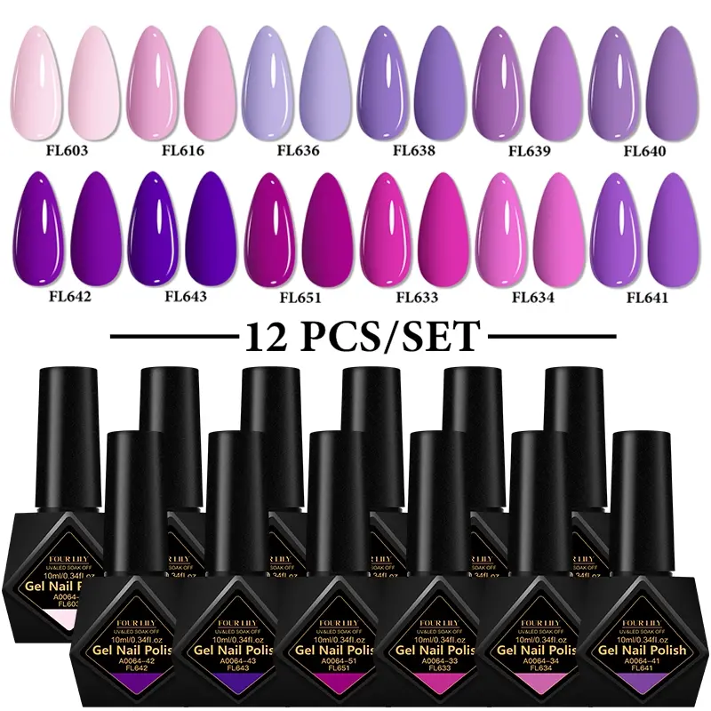 FourLily 10ml Gel Nail Polish Set, 12 Colors Pastel Gel Polish All Seasons Collection Popular Pink Purple Gel Nail Polish Kit Gel Nail Supplies Soak off UV Nail Lamp Nail Art Manicure Set for Nails Feet & Hands