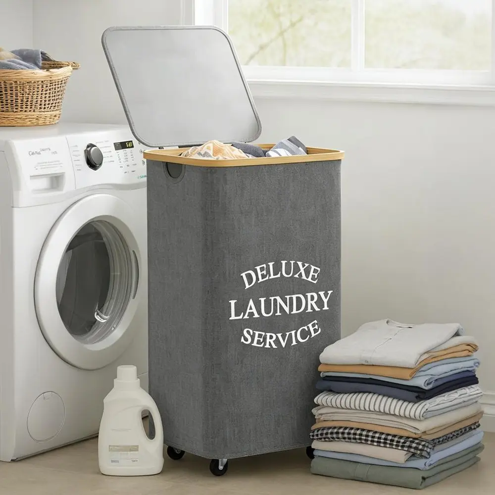 110L Foldable Laundry Basket with Wheels and Lid, Large Capacity Storage Bin, Clothes Storage Basket, Includes Inner Mesh Pocket, Durable Fabric Design, Wheeled Laundry Basket