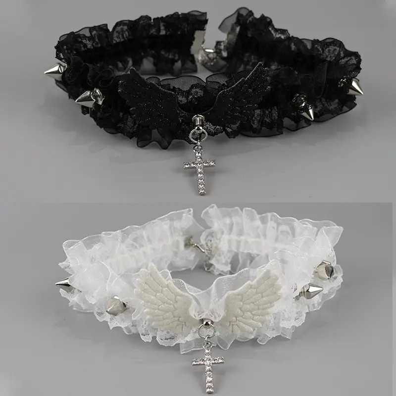 Fashion Solid Color Women Girls Necklace Wide Lace Rivets Lolita Lace Choker Y2K Angel Wings Cool Leather Necklace Daily Wear