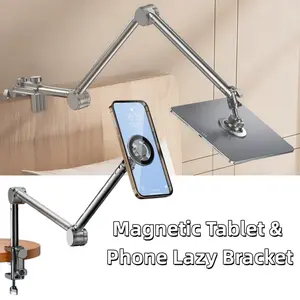 Magnetic Tablet & Phone Lazy Bracket, Foldable Magnetic Tablet Stand Phone Holder N52 Magnet Mount for Desk, Adjustable Four Joints Arms Desktop Clamp Anti Slip for Meetings Bed Bedside Study Room, for All 4.7-13.5" iPhone iPad mini Air Pro Galaxy Tabs