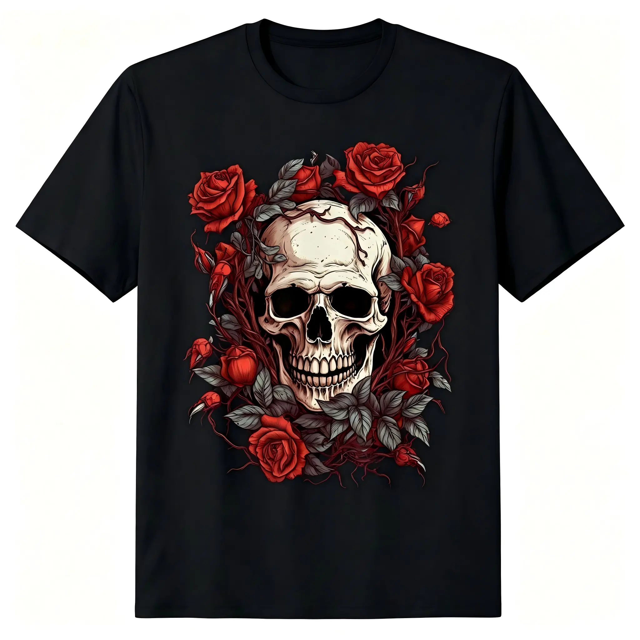 Gothic Skull Flower T-Shirt for Men & Women, Unisex Vintage Tattoo Graphic Top in Soft Breathable Cotton, All-Season Casual Crew Neck Streetwear, Gothic Skull Flower Men's Short-Sleeve T-Shirts, Gothic T-Shirts