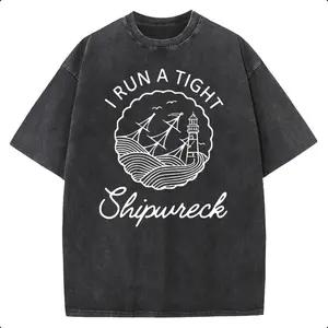Sunland Vintage "Tight Shipwreck" Acid Wash T-Shirt, Retro Nautical Lighthouse Graphic Tee, Casual Loose Short Sleeve Top 2026 New Color Scheme coastal vibes