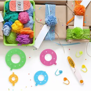 Pompom maker kit: contains 8pcs of pompom knitters, 12 different colours of yarn balls + 10 x colour marking buckle and 1 x scissors for cutting wool, which meets your hand knitting needs