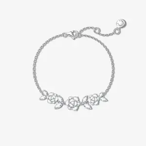 Blooming Rose Bracelet for Women, White Gold Plated 925 Sterling Silver with 5A Cubic Zirconia, Delicate Adjustable Chain, 5A Quality Cubic Zirconia