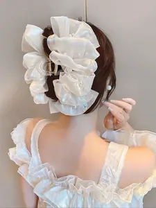 Faux Pearl Decorated Ruched Mesh Hair Claw, Flower Hair Clip, Elegant Non-slip Hair Claws for Women, Casual Versatile Hair Accessories for Daily Wear