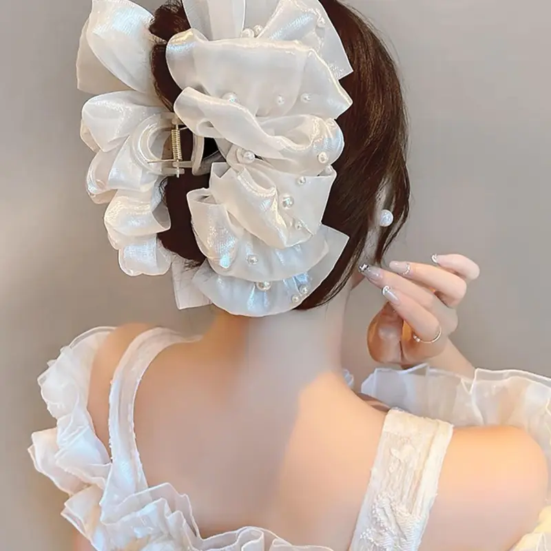Faux Pearl Decorated Ruched Mesh Hair Claw, Flower Hair Clip, Elegant Non-slip Hair Claws for Women, Casual Versatile Hair Accessories for Daily Wear