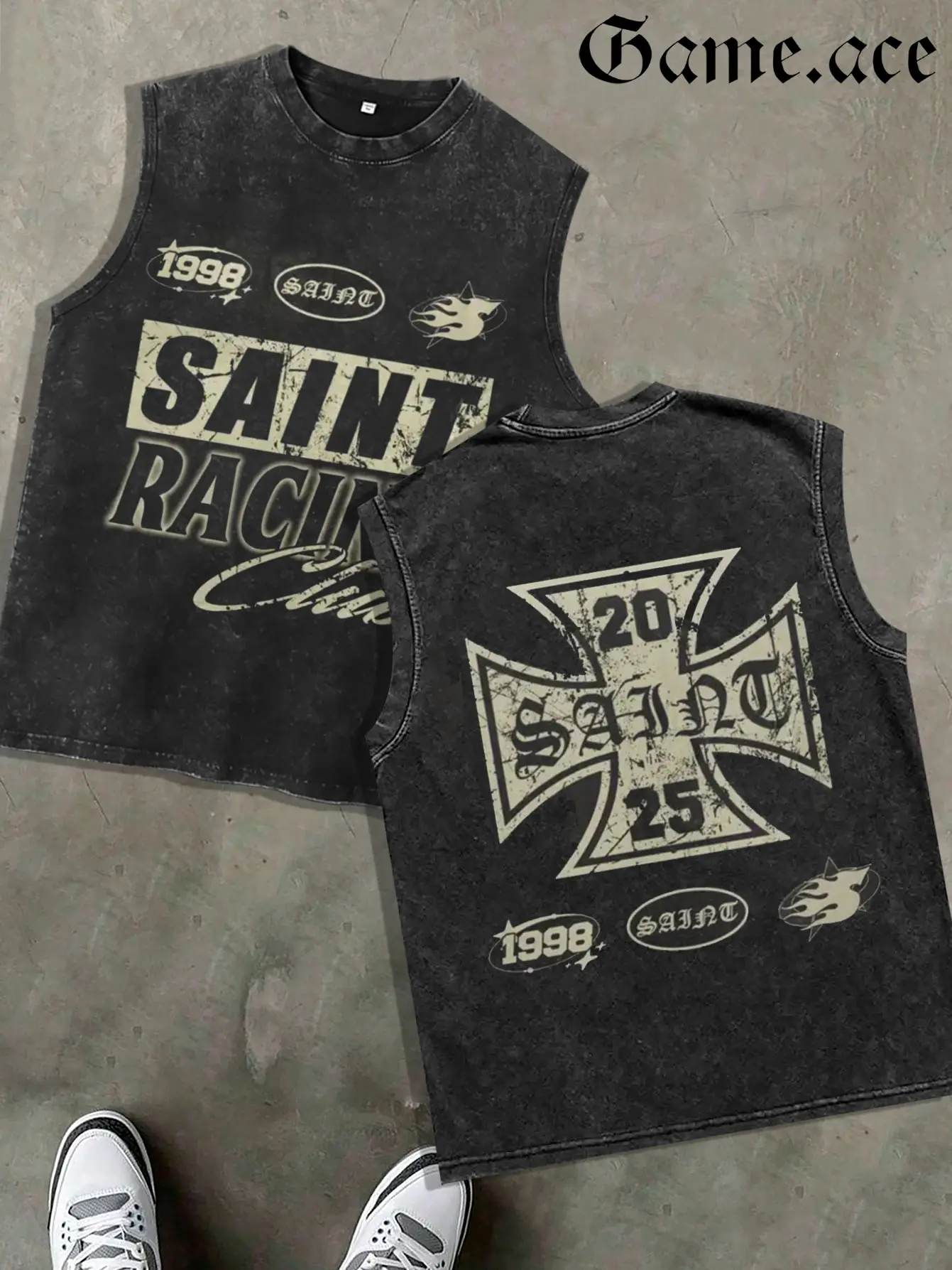 GAME.ACE Retro Washed Black Sleeveless Tank Top, "SAINT RACING" Cross & 1998 Graphic Print, Y2K Streetwear, 100% Cotton Breathable Unisex Vest, Casual Daily Wear, Streetwear Meetups, Great Gift for Racing Fans