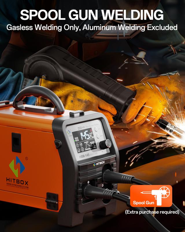 HITBOX HBM145 Mig Welder 110V/220V Upgraded 145A 4-in-1 Gasless MIG/Lift TIG/MMA with Spool Gun & LED Display for Home & Professional Use
