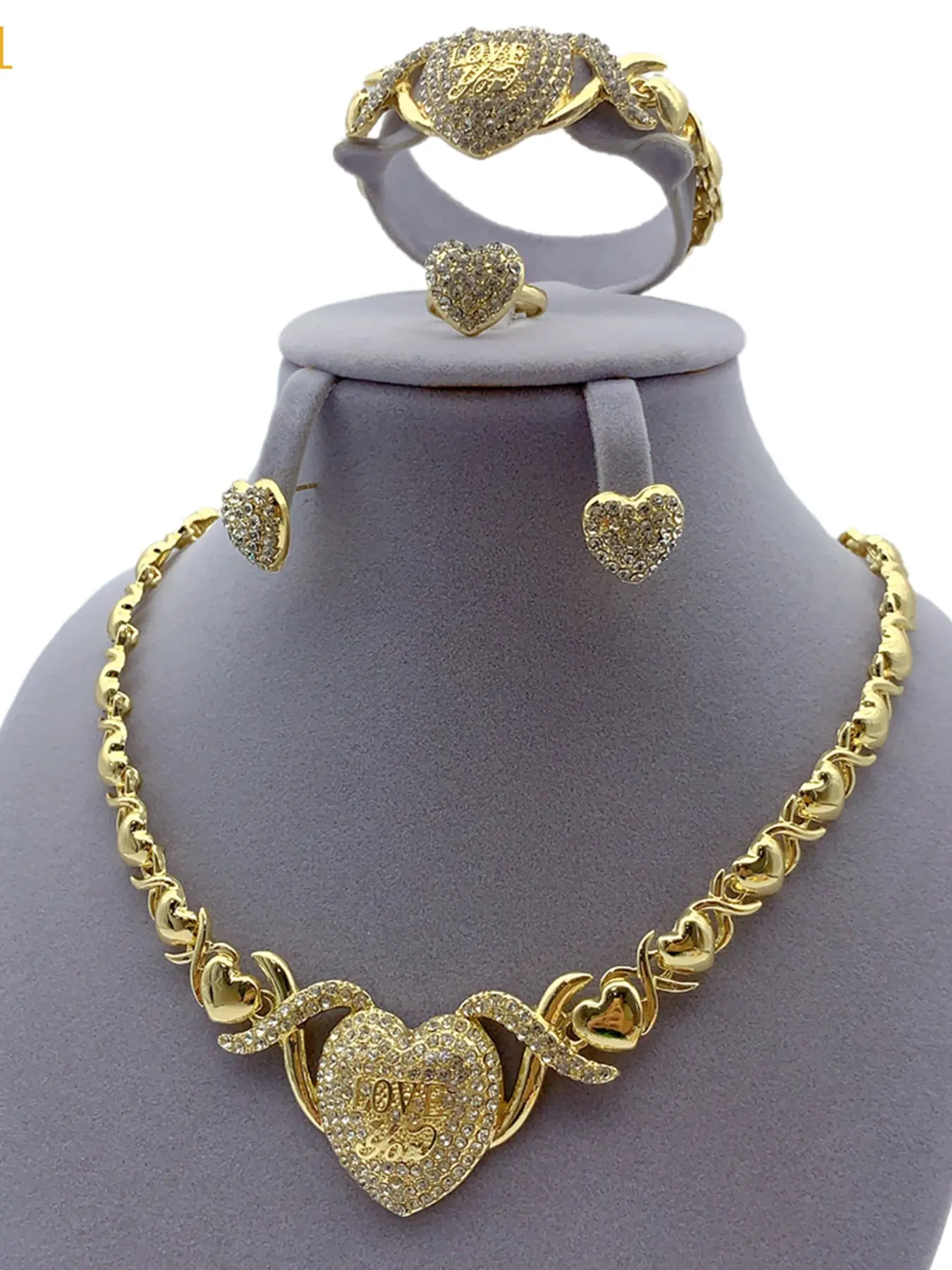 Luxury Xo Heart Crystal Jewelry Set, Elegant Wedding Party Bride Necklace Ring Earrings Bracelet Set, Four Piece Luxury Gift