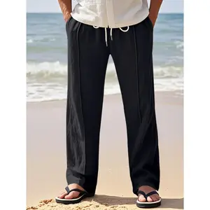 Men's Solid Color Drawstring Waist Linen Pants, Loose Casual Comfy Bottoms for Summer Beach Vacation, Casual Fashion Pants, Men's Trousers for Daily Wear