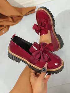 Women's Burgundy Patent Leather Bow Decor Platform Loafers, Preppy Y2K-Chic Style, Cute JK Casual Shoes.Burgundy Patent Leather Platform Loafers, Bow Decor Shoes, Preppy Y2K Casual Shoes.