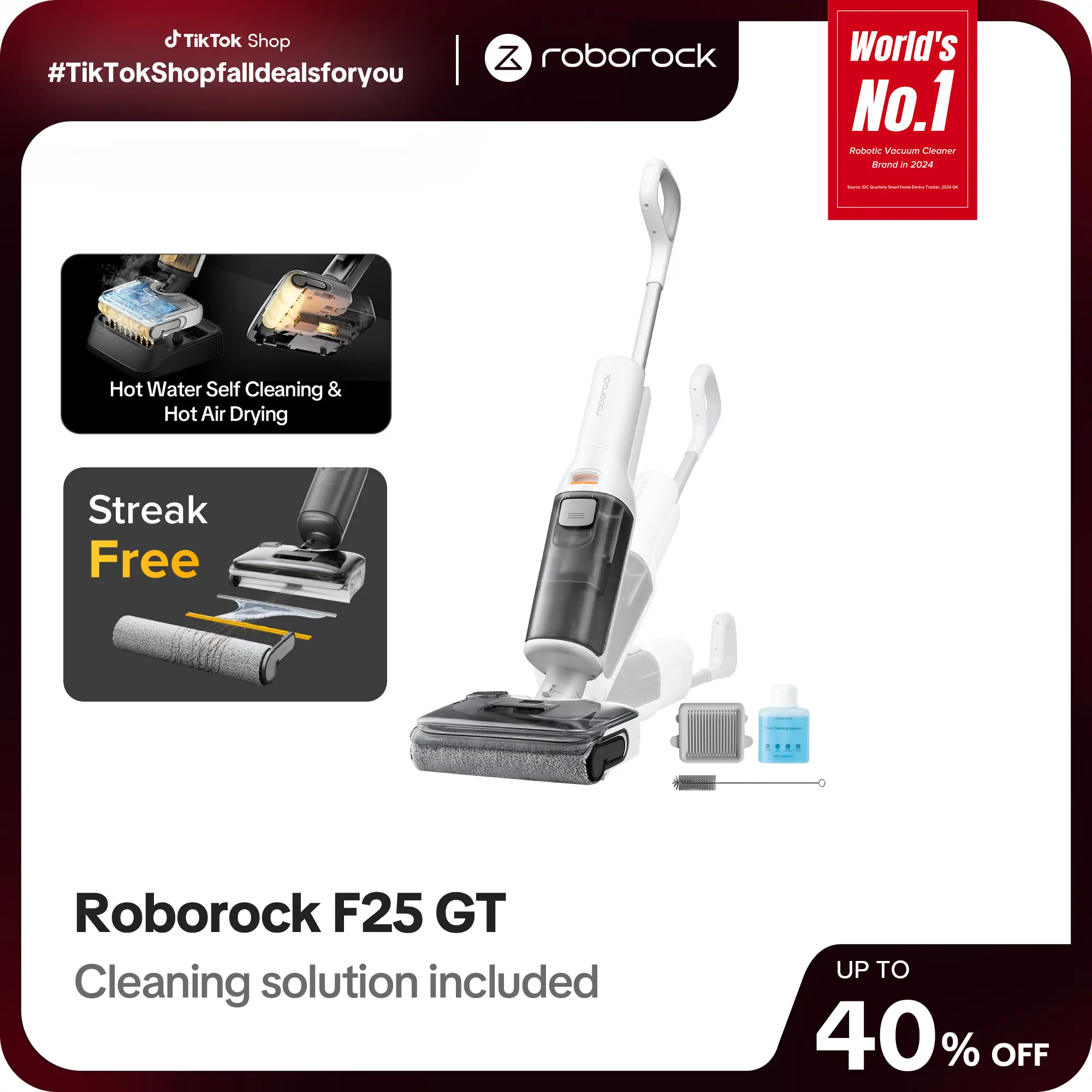 Roborock F25 GT Wet Dry Vacuum Cleaner, Hot Air Drying & Hot Water Self Cleaning, with 20000Pa, Edge Cleaning, Wet Mop Cleaner for Hard Floor, Cordles