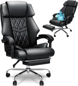 HOFFREE Reclining Office Chair with Footrest 500lbs Extra Wide Seat Desk Chairs Heavy Duty Metal Base Big and Tall Backrest Executive PU Leather Computer Chairs Black