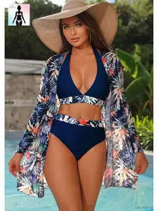 Plus size curvy women’s swimsuit set with tummy control, high waist, halter V-neck; sheer cardigan cover-up; tropical leaf print; slimming, full coverage; 3-piece set for ladies—beach vacation, summer pool party,summervibes