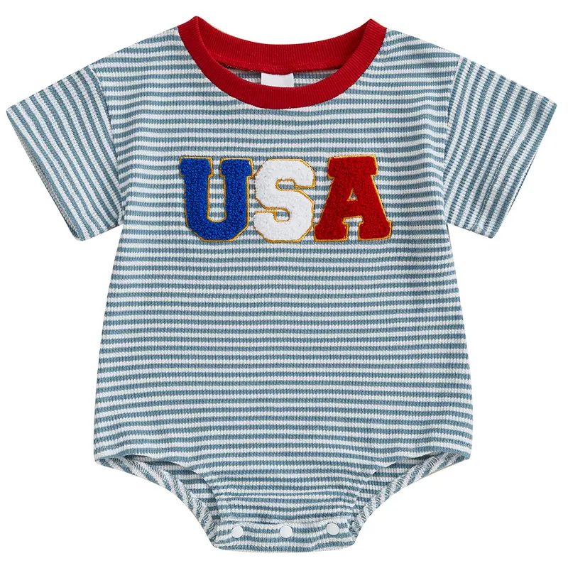 Unisex Baby Boy Girl 4th of July Outfit USA Embroidery Stripes Waffle Short Sleeve T Shirt Bubble Romper Summer Onesie Bodysuit