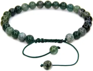 Natural Moss Agate Gemstone 6mm Round Beads Adjustable Bracelet 7" Unisex