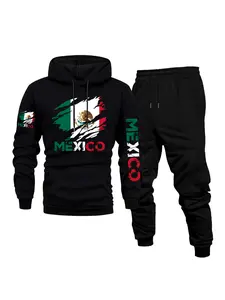 Men's Casual Hoodie & Pants Set, Mexico Print - Comfortable, Versatile & Breathable for Daily Wear, Outdoor Activities, Front Kangaroo Pocket, Machine Washable, Fleece Lined 2-Piece Set for Fall & Winter, Perfect as a Surprise Gift