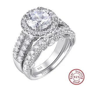 2 Pcs Wedding Ring Set Halo Brilliant Round Cut AAAAA CZ 925 Sterling Silver Engagement Rings For Women QR8466 #Love Story