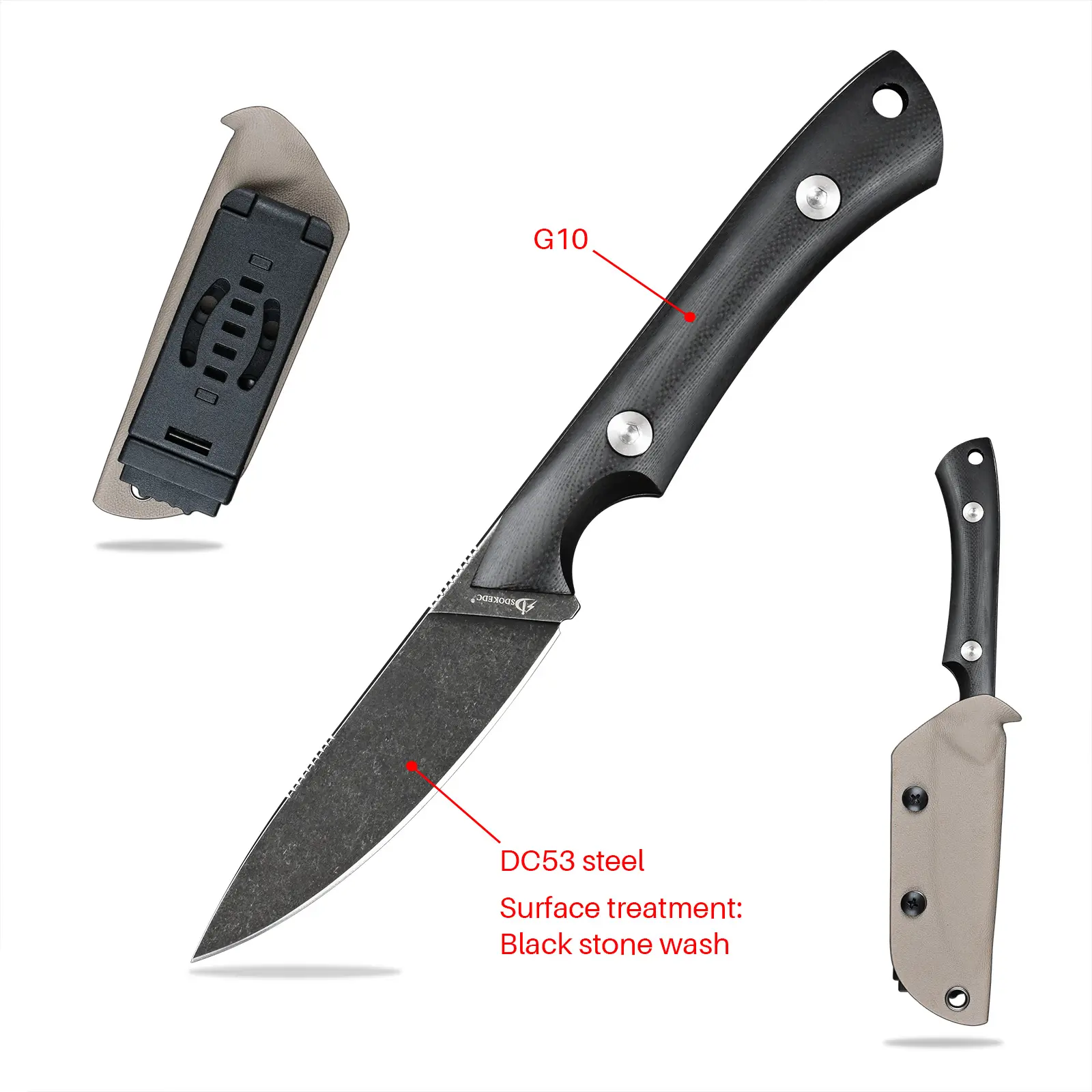Fixed Blade Survival Knife - 60-61HRC Hardness DC53 Durable Steel Tool with Stone Wash Surface Treatment Black Stone Wash Blade, G10 Handle, Kydex Sheath, Outdoor Tools for Camping Fishing, 102 G, Outdoor Survival Gear