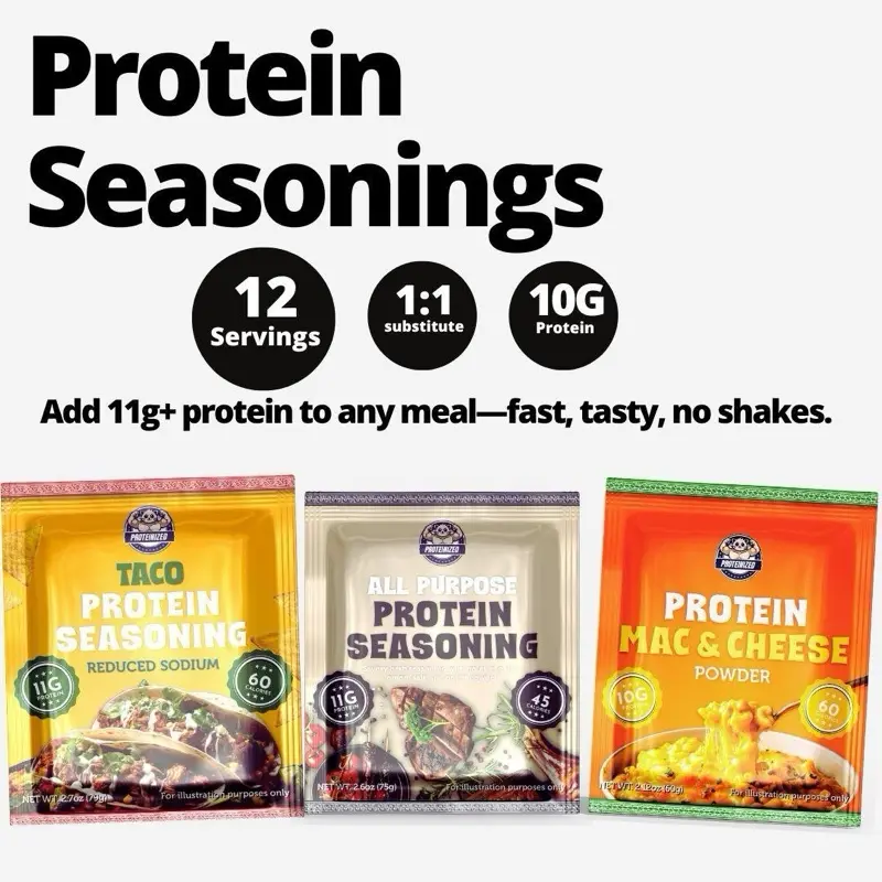 Proteinized Protein Seasoning Sample Pack - 36 Servings - 10g Protein Per Serving - Low Calorie - Bariatric Support - 1:1 Substitute for Other Seasoning - No Carbs - Bone Health - Muscle Recovery - Post Workout Fitness Nutrition - Edible Healthcare -Spice