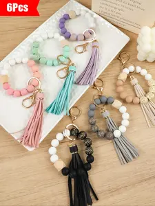 6pcs-Vintage Colorblock Beaded Wrist Keychain Set, Classic Beads with Matching Fringe, Bracelet & Keyring Combo, Perfect Gift for Women, Keychain Jewelry