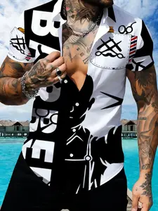 Black & White Abstract Pattern Barber Theme Short Sleeve Casual Shirt, Fashion Print Men's Top