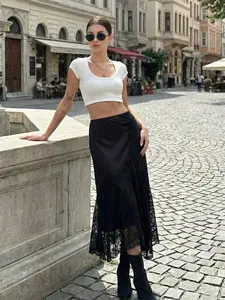 Women's High Waist Satin Lace Long Dress, Asymmetric Decor Y2K Evening Gown, Layered Elegant Midi Skirt for Spring Summer Fall Winter