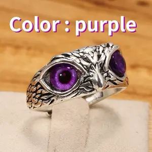 Demon Eye Owl Ring Purple Color Retro Open Adjustable Personalized Gothic Men's Animal Lucky Vintage Jewelry