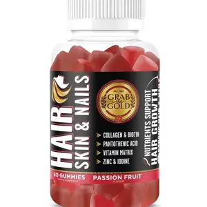 Grab The Gold Hair Skin & Nails Vitamins for Women | Gummies with 6000mcg Biotin & Collagen | 10 Essential Vitamin & Minerals | Gluten-Free, Non-GMO, Passion Fruit Flavor | 1 Month Supply