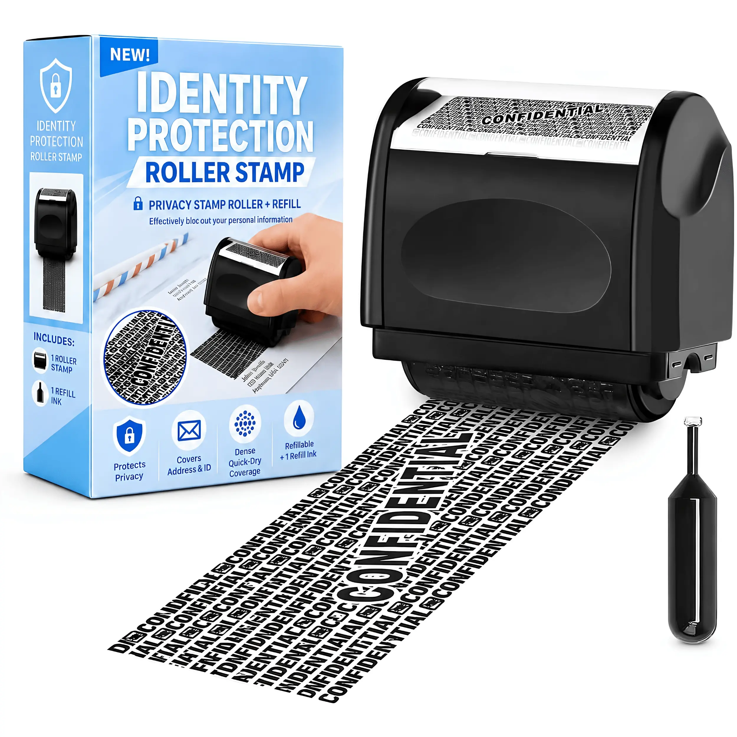 Identity Theft Protection Roller Stamp with Refill Ink Confidential Security Stamp for Blocking Personal Information, Addresses & ID Details, Privacy Protection Roller for Mail, Documents & Labels