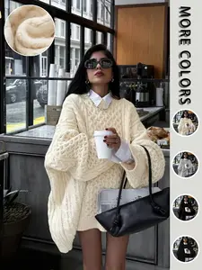 Women's Casual Loose-Fit Sweater Pullover, Solid Color Round Neck Knitted Sweatshirt, Batwing Sleeves, Fall & Winter Fashion, Knitwear
