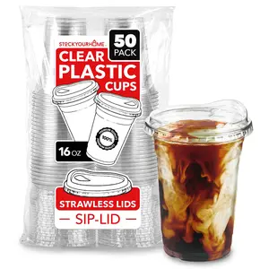 16 oz Clear Plastic Cups with Lids Disposable, Togo Drinking Cup with Strawless Sip Lid for Smoothie, Cold Brew Iced Coffee, Lemonade, Ice Latte, Boba, Party Drinks, Bulk, 16 Ounce (Set of 50)