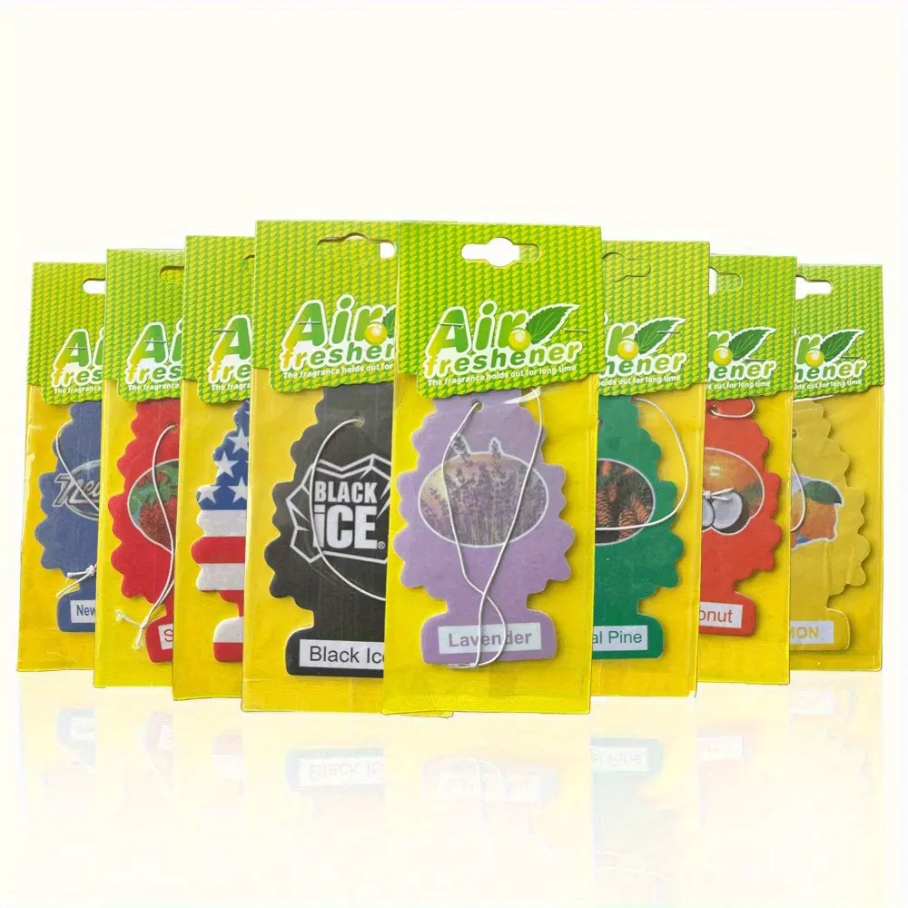 **Eco-Friendly Car Air Fresheners with Hanging Design** Available in, 8-piece, and 16-piece sets, our car air fresheners feature a small tree design, perfect for decorating your rearview mirror. Choose from eight carefully selected scents