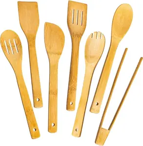 Bamboo 7-Piece Wooden Spoons for Cooking - Durable Nonstick Spatula & Silicone Turner Tongs - Healthy Kitchen Handled Supplies Utensils
