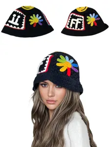 Boho Style Handmade Knit Hat with Floral Smiley Face Pattern, Trendy Beanie for Fall & Winter, Fitted Woven Fabric Cap, Custom Made Hat