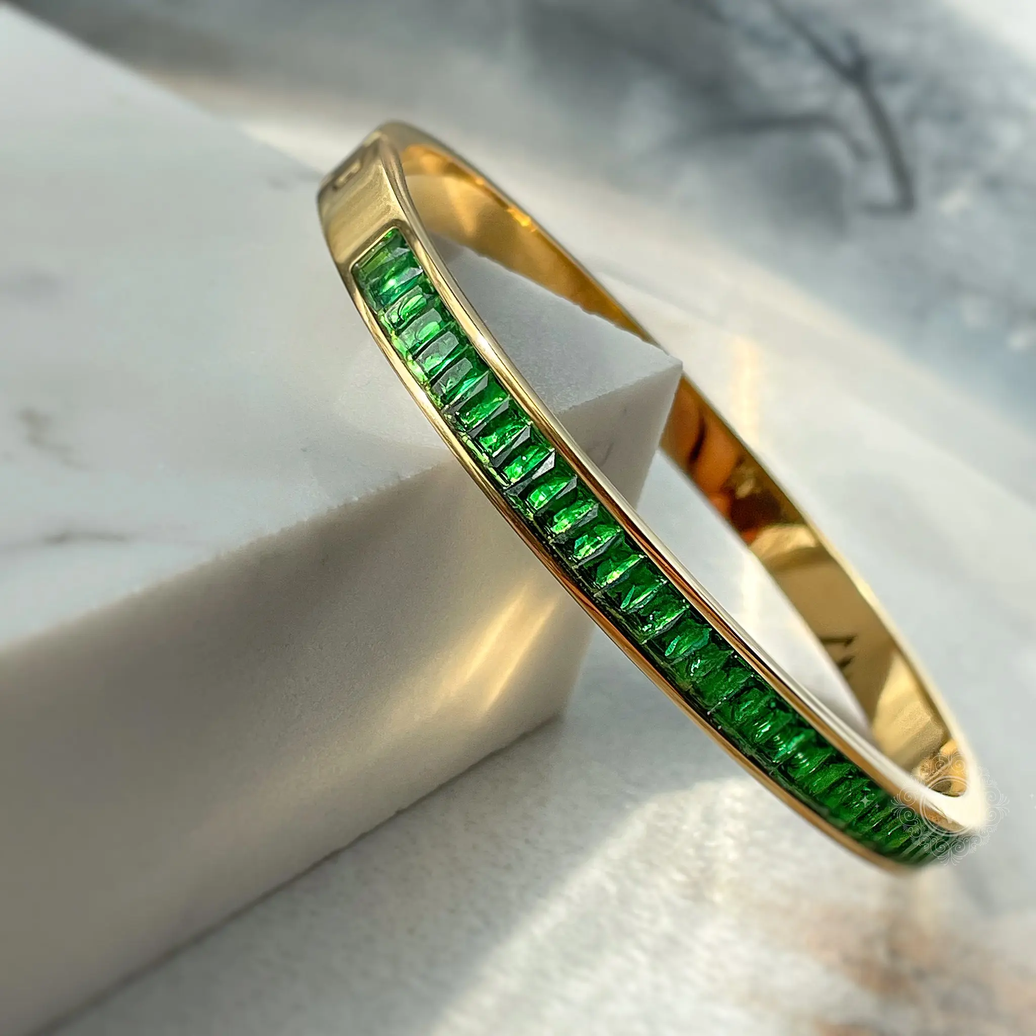 Sophie Emerald Green Crystal Bangle Bracelet – Bold Gold Cuff.