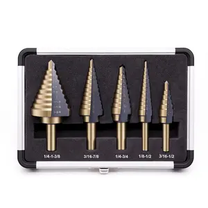 Step Drill Bit Set 5PCS, 50 Sizes HSS Titanium Coated Step Bits for Metal Stainless Steel Aluminum Iron Wood Plastic, with Aluminum Case