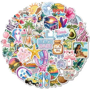 50pcs Seaside Vacation Theme PP Material Waterproof Series Stickers, Suitable for Faith Based Designs Such As Scrapbooks, Diaries, Laptops, Water Bottles, Cars, Etc., Gifts with Positive Information Sticker Decals