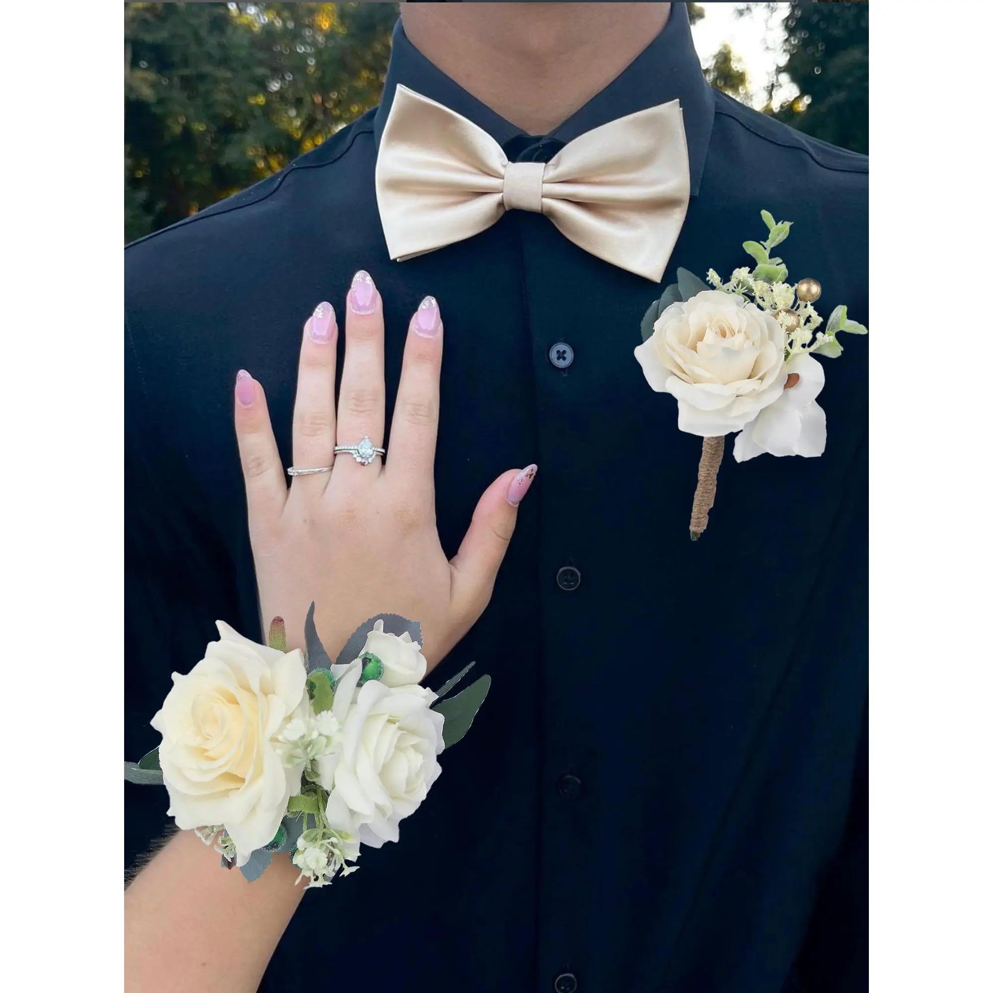 Rinlong Bridal Silk Compact Corsage and Men's Boutonniere Set, Cream White, Wedding Supplies, Flower Brooch Pin