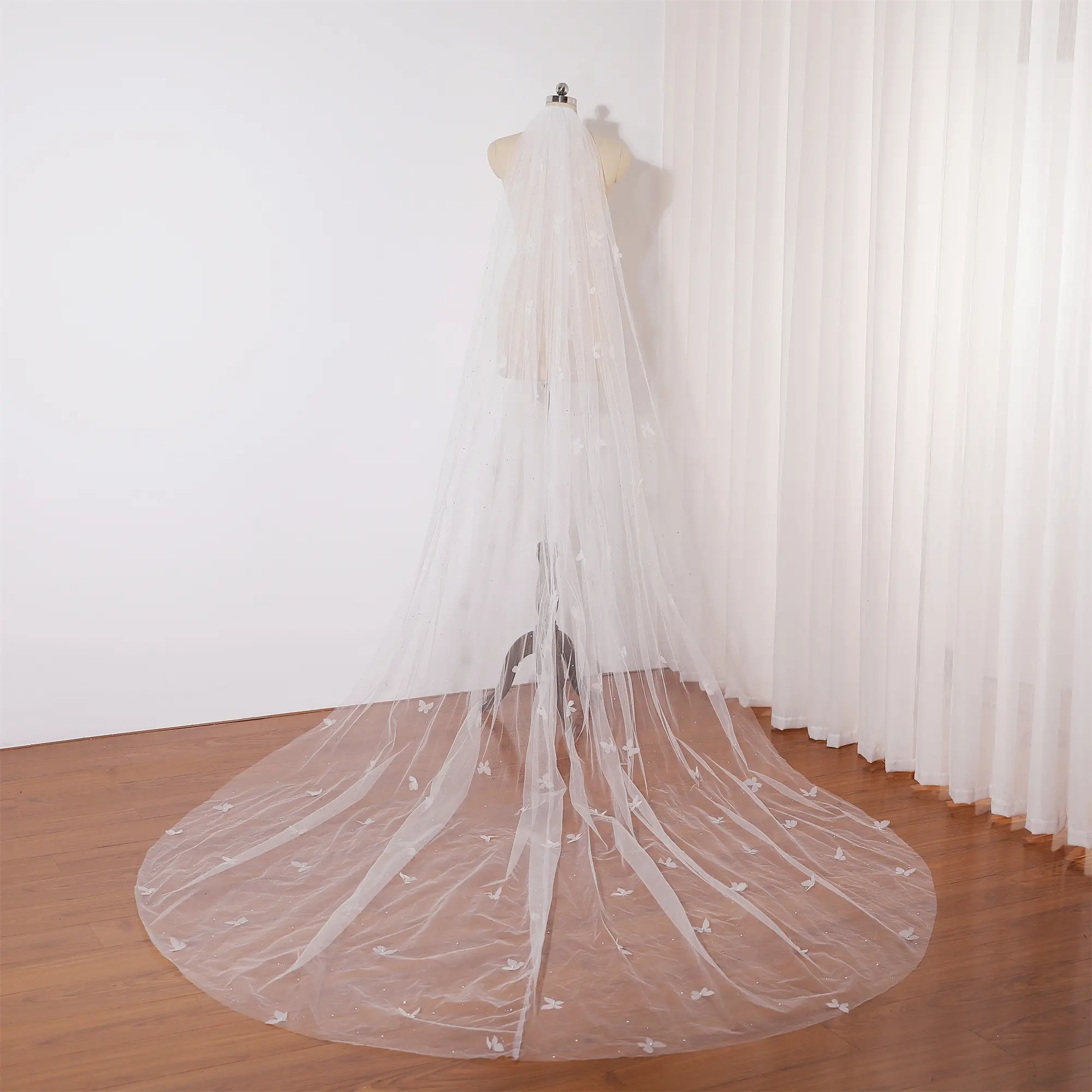 New design glittering wedding veil, Romantic butterfly veil cathedral length, Pearls wedding bridal veil, Sparkling bridal veil, Beautiful fairy wedding veil shiny veil with diamonds, Single layer bridal veil
