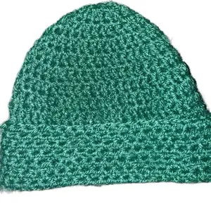 Handmade Crochet Beanie with Brim- Green Knitted Hat, Crafted by Hand