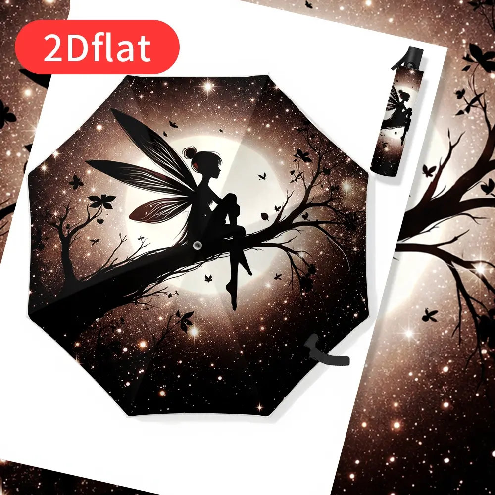 Automatic Folding Umbrella – Fairy Silhouette Design with Moonlit Branch Pattern, Portable Travel Umbrella for Men and Women, Ideal Birthday/Christmas Gift (8-Rib Frame) – Elegant Fairy-Themed Umbrella