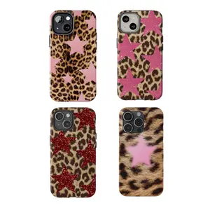 PINK GLITTER LEOPARD Phone Case, Red Star and Cheetah Print, Pink Star and Leopard Print Tough Phone Case, iPhone 15 14 13 12 11 Pro Max Plus Mini