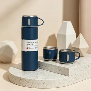 500ml stainless steel vacuum bottle set with 3 cups, double wall insulated water bottle, 12H hot and cold retention, leak proof, high-end gift box for men, women, office, travel, camping, outdoor activities, perfect birthday and holiday gifts