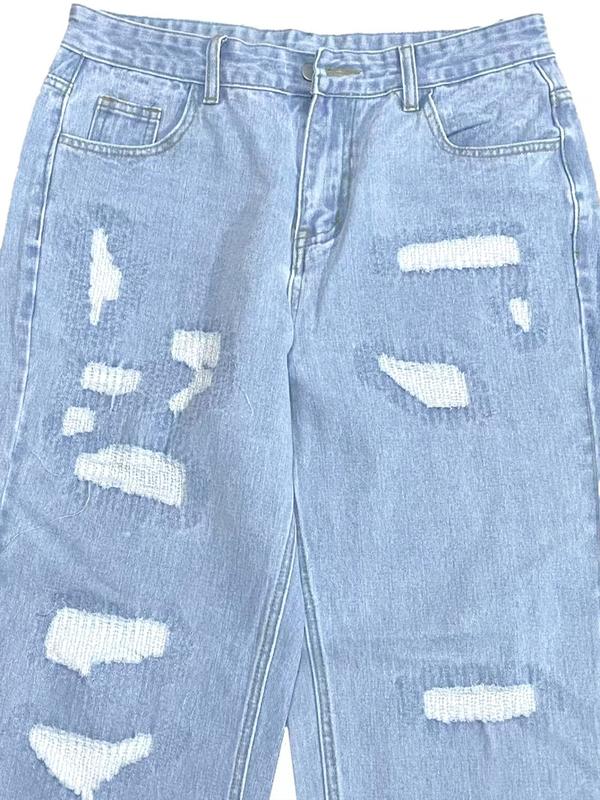 Men's Y2K Korean Style Hip-Hop High Street Ripped Washed Denim Jeans, Loose Casual Trendy Wide Leg Long Pants with Pockets